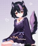  1girl black_hair black_tail breasts cleavage dress facial_mark hair_between_eyes hair_ornament heart heart_facial_mark heart_necklace highres indie_virtual_youtuber jewelry looking_at_viewer medium_breasts multicolored_hair necklace purple_dress purple_hair purple_tail red_eyes shake_(noripasuta) skunk_ears skunk_girl skunk_tail solo star_(symbol) star_facial_mark star_hair_ornament streaked_hair toboso_kuroi triangle triangle_facial_mark two-tone_tail virtual_youtuber 