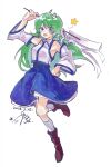  1girl :d ahoge arm_up baiyeyueyejian blue_eyes blue_skirt blue_trim boots breasts brown_boots chinese_commentary collared_shirt commentary_request dated detached_sleeves dot_nose frog_hair_ornament gohei green_hair hair_ornament hair_tubes hand_on_own_hip highres holding holding_gohei knee_up kochiya_sanae long_hair long_sleeves looking_at_viewer medium_breasts nontraditional_miko one-hour_drawing_challenge open_mouth shirt signature simple_background single_hair_tube skirt sleeveless sleeveless_shirt smile snake_hair_ornament socks solo split_mouth standing standing_on_one_leg star_(symbol) teeth touhou upper_teeth_only very_long_hair white_background white_shirt white_sleeves white_socks wide_sleeves 