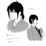  1boy breast_pocket closed_eyes collared_shirt commentary_request expressionless greyscale hat highres holding holding_unworn_clothes holding_unworn_hat jacket male_focus military_uniform monochrome multiple_views necktie open_mouth pocket ponytail shirt short_hair short_ponytail smile spy_x_family sweater tarutaruso3 translation_request unworn_hat unworn_headwear white_background yuri_briar 