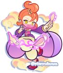  1girl ahoge alternate_costume arabian_clothes cape commentary_request detached_sleeves full_body gravy_boat halter_shirt halterneck harem_pants holding holding_spoon lingxin_(puyopuyo) mouth_veil official_style oil_lamp open_mouth orange_hair outstretched_arm pants pimyuhuwa pink_shirt pink_veil puffy_pants puffy_sleeves purple_cape purple_sleeves puyopuyo puyopuyo_quest red_shoes shirt shoes short_hair simple_background sleeveless sleeveless_shirt smile smoke solo spoon standing standing_on_one_leg telekinesis topknot twitter_username veil waist_cape white_background white_pants yellow_eyes 