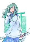  1girl :d alternate_costume blue_hoodie blue_skirt commentary_request frog_hair_ornament gohei green_background green_eyes green_hair hair_ornament hair_tubes holding holding_gohei hood hoodie kochiya_sanae long_sleeves looking_at_viewer open_mouth rangycrow single_hair_tube skirt smile snake_hair_ornament solo touhou |_| 