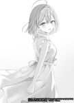  1girl ahoge artist_name bare_shoulders blush breasts clothes_lift commentary_request copyright_name copyright_notice dress dress_lift from_side grey_background greyscale highres hiiragi_hinata_(osaomo) looking_at_viewer looking_to_the_side monochrome novel_illustration official_art ore_no_koto_wo_shinda_to_kanchigai_shite_ita_osananajimi_no_ai_ga_omosugiru parted_lips parum39 second-party_source short_hair simple_background sleeveless sleeveless_dress smile solo standing sundress white_dress wind wind_lift 