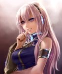  bare_shoulders blue_eyes blue_nails breasts clenched_teeth detached_sleeves eyelashes hands headphones large_breasts lips long_hair megurine_luka nail_polish ornate pink_hair solo teeth upper_body vocaloid yahako 