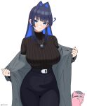  1girl ? absurdres alternate_costume artist_name belt black_hair blue_eyes blue_hair blunt_bangs breasts closed_mouth colored_inner_hair commentary cowboy_shot earrings grey_jacket hair_intakes heart_pendant high-waist_pants highres hololive hololive_english hoop_earrings jacket jacket_partially_removed jewelry kukubachi large_breasts long_hair long_sleeves looking_at_viewer multicolored_hair necklace open_clothes open_jacket ouro_kronii pants pendant raora_panthera raora_panthera_(panther) ring shirt shirt_tucked_in silver_ring simple_background solo striped_clothes striped_shirt turtleneck turtleneck_shirt twitter_username two-tone_hair untranslatable_commentary vertical-striped_clothes vertical-striped_shirt virtual_youtuber white_background 