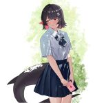  1girl black_hair black_skirt blush collared_shirt commentary ellen_joe ellen_joe_(on_campus) fins fish_tail hair_ornament holding holding_letter lan_(757040368) letter looking_at_viewer looking_to_the_side love_letter mole mole_under_eye multicolored_hair official_alternate_costume razor_blade_hair_ornament red_hair shark_girl shark_tail shirt short_hair skirt solo tail two-tone_hair white_shirt x_hair_ornament zenless_zone_zero 