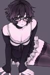  1girl absurdres arm_support black-framed_eyewear black_thighhighs blush breasts brown_eyes brown_hair closed_mouth collarbone commentary_request glasses highres invisible_floor large_breasts long_sleeves looking_at_viewer original short_hair simple_background sitting solo thighhighs valentine_(02140314c) 