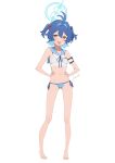  1girl :d absurdres antenna_hair arm_strap barefoot bikini blue_archive blue_bikini blue_hair blue_halo blue_ribbon blue_sailor_collar chinese_commentary colored_inner_hair commentary_request double-parted_bangs facing_viewer fang feet flat_chest full_body groin hair_bobbles hair_intakes hair_ornament halo hands_on_own_hips highres legs lemon_tea_(15058751917) makina_(blue_archive) multicolored_hair navel no_dickey open_mouth ribbon sailor_collar see-through_clothes see-through_shirt shirt side-tie_bikini_bottom signature simple_background skin_fang smile standing straight-on swimsuit toenails toes two_side_up white_background yellow_eyes 