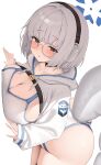  1girl black_choker blue_archive blue_halo blush breast_press breasts choker cleavage commentary fins fish_tail glasses grey_hair halo headphones highres hooded_shrug koba_(kobako42) kotone_(blue_archive) large_breasts looking_at_viewer multicolored_one-piece_swimsuit one-piece_swimsuit round_eyewear short_hair shrug_(clothing) simple_background solo sweatdrop swimsuit tail white_background white_one-piece_swimsuit white_shrug 