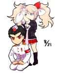  1boy 1girl armband black_hair blonde_hair blue_eyes commentary_request cosplay danganronpa:_trigger_happy_havoc danganronpa_(series) dated enoshima_junko enoshima_junko_(cosplay) food freckles fruit hair_ornament holding holding_pastry_bag icing ikusaba_mukuro ishimaru_kiyotaka necktie pastry_bag polka_dot_necktie rabbit_hair_ornament red_armband red_eyes red_skirt short_hair skirt smkdss strawberry twintails two-tone_necktie white_gakuran white_necktie 