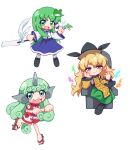  3girls black_hat blonde_hair blue_skirt blush chibi chibi_only cloud_print collared_shirt commentary constellation_print curly_hair detached_sleeves english_commentary frog_hair_ornament full_body geta gohei green_eyes green_hair green_skirt hair_ornament hair_tubes hat highres holding holding_gohei horns kariyushi_shirt kitnoko kochiya_sanae komainu_girl komano_aunn loafers long_hair long_sleeves looking_at_viewer matara_okina multiple_girls open_mouth orange_sleeves orange_tabard paw_pose red_shirt shirt shoes short_sleeves shorts simple_background single_hair_tube single_horn skirt sleeveless sleeveless_shirt smile snake_hair_ornament sun_print tabard touhou white_background white_shirt white_shorts wide_sleeves yellow_eyes 