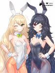  2girls ;) alternate_costume animal_ear_hairband animal_ears armpit_crease artist_collaboration artist_name bare_shoulders black_hair black_leotard black_pantyhose blonde_hair blue_bow bow breasts celine_(fire_emblem) closed_mouth commentary covered_navel crazzeffect detached_collar english_commentary fake_animal_ears fire_emblem fire_emblem_engage fire_emblem_fates green_bow green_eyes hair_between_eyes hairband hand_on_own_hip hands_on_own_hips highleg highleg_leotard highres leotard long_hair looking_at_viewer multiple_girls nyx_(fire_emblem) one_eye_closed orange_pantyhose pantyhose playboy_bunny qrow_nyxlover rabbit_ear_hairband rabbit_ears red_eyes small_breasts smile strapless strapless_leotard very_long_hair white_background white_leotard wrist_cuffs 