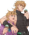  2boys abs absurdres alternate_universe arm_around_shoulder arm_warmers belt black_arm_warmers black_nails black_pants black_shirt blonde_hair cleavage_cutout clothing_cutout commentary_request dio_brando ear_piercing earrings eyelashes fangs father_and_child father_and_son fingernails food giorno_giovanna gold_earrings green_belt green_eyes highres holding holding_food holding_ice_cream hoop_earrings ice_cream ice_cream_cone jacket jewelry jojo_no_kimyou_na_bouken komiya_harumoto long_fingernails long_sleeves looking_to_the_side looking_up male_focus medium_hair multiple_boys nail_polish open_belt open_mouth pants parent_and_child piercing purple_jacket shirt simple_background sleeveless sleeveless_turtleneck stardust_crusaders stud_earrings teeth tight_clothes time_paradox turtleneck upper_teeth_only vento_aureo victory_rolls white_background yellow_eyes 