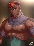  1boy absurdres art_vtm bara beard brown_hair closed_mouth commentary dark-skinned_male dark_skin earrings english_commentary facial_hair fire_emblem fire_emblem:_fortune's_weave guzran_(fire_emblem) highres jewelry large_pectorals looking_at_viewer male_focus multicolored_hair muscular muscular_male nipples orange_hair pectorals scar scar_across_eye scar_on_chest scar_on_face solo 