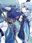  1girl armor blue_eyes blue_hair capelet centur-ion_atrii closed_mouth commentary detached_sleeves duel_monster dutch_angle hair_between_eyes highres horns looking_at_viewer mark_under_both_eyes pants pointy_ears polearm sira_tise solo weapon white_background white_pants wings yu-gi-oh! 