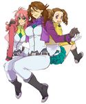  bad_id bad_pixiv_id belt boots brown_eyes brown_hair celestial_being_uniform feldt_grace gloves green_eyes gundam gundam_00 jacket mileina_vashti multiple_girls pink_hair purple_eyes saida_nika skirt smile sumeragi_lee_noriega uniform 