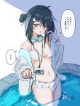  1girl arknights bikini black_hair breasts cleavage commentary_request goggles goggles_around_neck grey_eyes hair_bun highres id_card jacket jacket_over_swimsuit la_pluma_(arknights) la_pluma_(summer_flowers)_(arknights) lanyard long_sleeves looking_at_viewer navel nuicha_(nuitya_8) official_alternate_costume pool solo stomach swimsuit translation_request white_bikini 