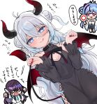  3girls :q alternate_costume antenna_hair blue_eyes blue_hair blue_streaks blush breasts commentary_request demon_horns demon_tail detached_sleeves double-parted_bangs double_bun dutch_angle hair_between_eyes hair_bun hair_ornament hair_rings heart heart-shaped_pupils highres horns long_hair long_sleeves looking_at_viewer multicolored_hair multiple_girls noripro open_mouth pink_eyes purple_hair red_horns red_nails red_tail ribbon simple_background small_breasts smile streaked_hair sukitou_luccica symbol-shaped_pupils tail tongue tongue_out tyoro_tto virtual_youtuber washu_asuka white_background white_hair yukinose_kumochi 