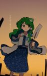  1girl absurdres blue_sky closed_mouth collared_shirt commentary_request cowboy_shot detached_sleeves dutch_angle expressionless frog_hair_ornament gohei green_eyes green_hair hair_ornament hair_tubes highres holding holding_gohei kochiya_sanae long_hair long_sleeves neruzou one-hour_drawing_challenge partial_commentary shirt single_hair_tube sky snake_hair_ornament solo touhou translated white_shirt white_sleeves wide_sleeves 