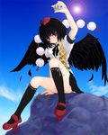  black_hair black_wings camera geta hat kubozuka_pikurou lens_flare looking_at_viewer panties red_eyes shameimaru_aya short_hair socks solo tengu-geta tokin_hat touhou underwear wings 