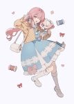  2girls animal_ear_fluff animal_ears archiboo_(petit_planet) bag bell blue_bow blue_dress blue_eyes bow charm_(object) clover dress ellygretta flower full_body furry furry_female hair_intakes hand_up heart highres holding holding_mini_person jacket kneehighs leg_up long_hair long_sleeves looking_at_viewer matching_outfits medowlyn_(petit_planet) mini_person multiple_girls neck_bell one_eye_closed open_clothes open_jacket petit_planet pink_bow pink_eyes pink_hair planet_tender_(petit_planet) polka_dot polka_dot_jacket pom_pom_(clothes) ponytail sailor_collar sheep_ears sheep_girl shoulder_bag socks spool striped_clothes striped_socks v white_background white_hair white_socks 