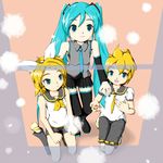  2girls aqua_eyes aqua_hair bad_anatomy blonde_hair detached_sleeves hair_ornament hairclip hatsune_miku kagamine_len kagamine_rin kneeling long_hair multiple_girls necktie samurai_(kasizuki) shorts snow thighhighs twintails vocaloid window 