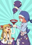  2girls alcohol animal_hat animal_print apron aqua_shirt ball_and_chain_restraint beer_bong belt blue_apron blue_hat blue_skirt blunt_bangs bow bowtie chain commentary cuffs drinking fish_print funnel_(tool) gourd hair_bow hat highres holding holding_gourd holding_tube horn_bow horn_ornament horn_ribbon horns ibuki_suika large_bow layered_skirt long_hair long_sleeves looking_at_object looking_up medium_hair multicolored_sash multiple_girls ofuda ofuda_on_clothes okunoda_miyoi oni orange_hair own_hands_together pink_hair pouring punidayo purple_bow purple_skirt red_bow red_bowtie red_sash ribbon sake sash shackles shirt sidelocks sitting skirt sleeveless smile touhou tube two-tone_apron waist_apron whale_hat whale_print white_apron white_ribbon white_sash white_shirt 