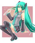  :d aqua_eyes aqua_hair arm_support bad_id bad_pixiv_id black_legwear boots character_name detached_sleeves hatsune_miku long_hair necktie number open_mouth pleated_skirt shiramori_yuse sitting skirt sleeveless smile solo spring_onion thigh_boots thighhighs twintails very_long_hair vocaloid 
