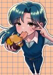  1girl absurdres blue_hair blue_pants blue_sweater_vest brown_background brown_eyes burger commentary_request eating feet_out_of_frame food grid_background highres holding holding_burger holding_food idolmaster idolmaster_(classic) kisaragi_chihaya long_hair looking_at_viewer mcdonald's okazuhamburg outline pants solo standing striped_clothes striped_pants sweatdrop sweater_vest tsukimi_burger v v_over_eye vertical-striped_clothes vertical-striped_pants white_outline 