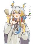  1girl :d ^_^ arknights bare_shoulders blonde_hair blue_hair closed_eyes colored_extremities dp_(ddch_k) dragon_girl dragon_horns grey_hair happy holding holding_spoon horns jewelry long_hair long_sleeves multicolored_hair necklace oekaki off_shoulder open_mouth shamoji shu_(arknights) simple_background sketch smile solo spoon upper_body white_background 