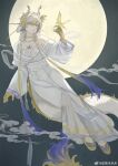  1girl absurdres ambience_synesthesia animal arknights bare_shoulders bird blonde_hair blue_eyes chinese_commentary choker colored_extremities commentary_request dragon_girl dragon_horns dragon_tail dress floating frills full_body full_moon hair_between_eyes hei_mi_(hebe) highres horns jewelry long_dress long_sleeves moon multicolored_hair necklace off_shoulder official_alternate_costume parted_lips pearl_necklace purple_hair shu_(arknights) shu_(bingwenyuyou)_(arknights) solo tail watermark weibo_watermark white_dress white_hair yellow_bird yellow_choker 