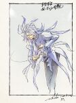  1boy ascot bowing character_name closed_eyes copyright_name dissidia_duellum_final_fantasy dissidia_final_fantasy feet_out_of_frame final_fantasy final_fantasy_ix grey_pants highres itahana_toshiyuki juliet_sleeves kuja kuja_(bewitching_actor) long_hair long_sleeves male_focus nail_polish pants puffy_sleeves shirt signature smile solo white_ascot white_hair white_shirt 