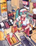  3girls absurdres apron aqua_eyes aqua_hair bag black_skirt blonde_hair calilo cash_register commentary counter cup disposable_cup employee_uniform english_commentary fast_food fast_food_uniform food french_fries hatsune_miku headset highres indoors kagamine_rin kasane_teto long_hair mcdonald's multiple_girls open_mouth paper_bag red_apron red_hair shirt skirt smile twintails utau visor_cap vocaloid waist_apron white_shirt 