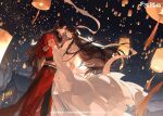  2boys absurdres belt bilibili_watermark black_hair blue_belt brown_hair bug butterfly butterfly_necklace chinese_clothes closed_mouth commentary_request copyright_logo couple dutch_angle eyepatch floating floating_hair grey_sky hair_bun hand_on_another's_back hanfu heaven_official's_blessing highres holding_hands hua_cheng jewelry lantern logo long_hair male_focus mid-autumn_festival multiple_boys necklace night official_art outdoors red_hanfu ribbon silver_belt silver_bracer silver_necklace single_hair_bun sky smile string_around_finger very_long_hair white_butterfly white_hanfu white_ribbon wide_sleeves xie_lian yaoi yuanlingpao 