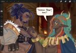  2boys art_program_in_frame bara buccar_(fire_emblem) chest_hair commentary dark-skinned_male dark_skin dreadlocks emmi_(emmigummi) english_commentary english_text facial_hair fire_emblem fire_emblem:_fortune's_weave goatee highres implied_yaoi large_pectorals light-skinned_palms long_hair long_sideburns male_focus mars_(fire_emblem) multicolored_hair multiple_boys muscular muscular_male nipples o-ring orange_hair pectorals pointy_ears screenshot sideburns speech_bubble two-tone_hair 