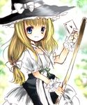  bad_id bad_pixiv_id blonde_hair blue_eyes broom card curiosities_of_lotus_asia hat holding holding_card kirisame_marisa kohinata_raichi ribbon solo touhou witch_hat wrist_cuffs 