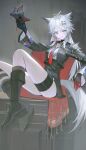  1girl aiguillette animal_ears arknights arm_up black_boots black_gloves blue_eyes boots cape commentary full_body gloves grey_hair grey_tail hair_ornament hairclip highres holding knee_boots lappland_(arknights) lappland_the_decadenza_(arknights) long_hair long_sleeves looking_at_viewer lyun multiple_hairclips necktie parallel_hairclips red_cape red_gloves scar scar_across_eye scar_on_face sitting solo tail watermark wolf_ears wolf_girl wolf_tail 
