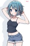  1girl absurdres arms_up artist_name bare_shoulders bilibili_logo blue_eyes blue_hair blue_shorts blush closed_mouth commentary cosplay denim denim_shorts hair_tie_in_mouth highres looking_at_viewer mahou_shoujo_madoka_magica mahou_shoujo_madoka_magica_(anime) midriff miki_sayaka mitsureki_meyli mouth_hold navel sakura_kyoko sakura_kyoko_(cosplay) shadow short_hair shorts simple_background solo stomach white_background 