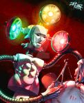  2boys abs artist_name asten-94 bad_source blood brain commentary deviantart_logo endacopia english_commentary exposed_brain gloves glowing guro hat highres mechanical_arms mellow_(endacopia) multiple_boys navel robot sewing shoulder_spikes spikes stitches surgeon surgery surgical_scissors teeth the_surgeon_(endacopia) traffic_light white_gloves 