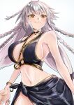  1girl ahoge bare_shoulders bikini black_bikini black_sarong blush bracelet braid breasts cleavage commentary fate/grand_order fate_(series) gold_trim grey_hair highres jeanne_d'arc_alter_(fate) jeanne_d'arc_alter_(festival_outfit)_(fate) jeanne_d'arc_alter_(swimsuit_berserker)_(fate) jewelry large_breasts long_hair looking_at_viewer multiple_braids navel necklace o-ring o-ring_bikini sarong smile solo swimsuit yellow_eyes yuusaku_(nekorakuda) 