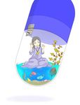  against_glass aquarium barefoot brown_hair capsule cel_shading copyright_request diode_(0_division) dress drugs fish flying hair_ornament hairclip in_container jewelry kneeling medallion minigirl necklace pill plant purple_eyes sign solo trapped warning_sign water 