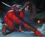  1girl absurdres akira_raikou arm_guards armor ass bodysuit breasts brown_hair commentary covered_nipples fingerless_gloves gloves hand_on_ground highres huge_breasts kodachi long_hair looking_back ninja on_one_knee ponytail red_bodysuit red_gloves short_sword shoulder_armor skin_tight sleeveless sleeveless_bodysuit smoke solo soulcalibur sword taki_(soulcalibur) thick_thighs thighs weapon 