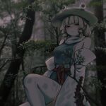  1girl alternate_costume armpit_crease belt blonde_hair blue_skirt blue_vest blurry blurry_background blurry_foreground blush breasts bright_pupils brown_hat closed_mouth commentary_request cross-laced_clothes cross-laced_sleeves detached_sleeves dot_nose feet_out_of_frame forest hair_ribbon half-closed_eyes hat highres knee_up light_smile long_sleeves looking_at_viewer medium_hair mesuosushi moriya_suwako muted_colors nature outdoors photo_background rain red_belt red_ribbon ribbon sideboob skirt small_breasts solo thighhighs touhou tree tress_ribbon vest white_pupils white_thighhighs wide_sleeves yellow_eyes 