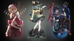  3girls ascot asymmetrical_wings back_bow black_boots black_dress black_hair black_hat black_thighhighs blonde_hair blue_wings blush boots bow bowtie breasts buttons collared_shirt commentary creenoy crystal crystal_wings diamond_button disembodied_linked_eye dress english_commentary eyeball flandre_scarlet floral_print frilled_shirt_collar frilled_skirt frilled_sleeves frills full_body green_eyes green_hair green_skirt grin hat hat_bow hat_ribbon heart heart_of_string highres holding holding_knife holding_polearm holding_weapon houjuu_nue knife komeiji_koishi laevatein_(touhou) long_sleeves looking_at_viewer mary_janes mob_cap multicolored_wings multiple_girls one_side_up open_mouth polearm print_skirt puffy_short_sleeves puffy_sleeves red_bow red_bowtie red_eyes red_shoes red_skirt red_vest red_wings ribbon rose_print shirt shoes short_sleeves skirt skirt_set small_breasts smile snake socks thighhighs touhou trident ufo vest weapon white_bow white_hat white_shirt white_socks wide_sleeves wings yellow_ascot yellow_bow yellow_shirt 