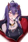  1girl absurdres ahoge akuma_nihmune akuma_nihmune_(casual) black_collar black_dress blush breasts collar demon_horns dress facial_mark glasses hair_ornament heart heart-shaped_pupils heart_facial_mark heart_necklace highres horns indie_virtual_youtuber jacket jewelry long_hair mole mole_under_eye necklace purple_hair red_horns red_jacket simple_background solo star_(symbol) star_hair_ornament symbol-shaped_pupils tongue tongue_out virtual_youtuber white_background yiotaart zipper 