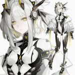  1girl android black_horns blonde_hair breasts cable closed_mouth colored_inner_hair concept_art diamond-shaped_pupils diamond_(shape) fake_head_wings floating floating_object full_body glowing glowing_horns glowing_lines glowing_pupils head_wings headgear highres horns jacket joints long_sidelocks looking_at_viewer mechanical_arms mechanical_horns mechanical_legs multicolored_hair multiple_views original rente_gu robot_joints science_fiction serious short_hair_with_long_locks shoulder_tattoo sidelocks simple_background small_breasts square_tattoo symbol-shaped_pupils tattoo tube two-tone_hair upper_body white_background white_hair white_jacket wings yellow_eyes zoom_layer 