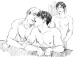  3boys anal annas_anya blush closed_eyes greyscale group_sex haikyuu!! highres incest male_focus male_penetrated miya_atsumu miya_osamu mmm_threesome monochrome multiple_boys nipples open_mouth pectorals sex short_hair siblings simple_background suna_rintarou threesome twincest twins white_background yaoi 