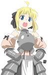  ahoge armor armored_dress artoria_pendragon_(all) bad_id bad_pixiv_id blonde_hair blue_eyes dress fate/stay_night fate/unlimited_codes fate_(series) hands_on_hips highres nagian saber saber_lily solo 