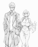  1boy 1girl absurdres bag bleach bleach:_epilogue breasts cleavage closed_mouth coat collared_shirt covered_navel cowboy_shot dating dongtan_dress glasses greyscale hand_on_another's_arm hand_up highres inoue_orihime kenjaku kurosaki_ichigo large_breasts looking_over_eyewear mature_female monochrome open_clothes open_coat parted_lips rakusakugk shirt shoulder_bag standing traditional_media v-neck waving 