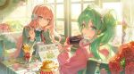  2girls absurdres blue_eyes bow bowtie bracelet cafe candy collared_shirt commentary cup double-parted_bangs drinking_glass elbow_on_table flower food food_in_mouth green_bow green_bowtie green_eyes green_jacket hair_between_eyes hair_ornament hair_scrunchie hand_on_own_head hatsune_miku head_on_hand head_rest headphones headphones_around_neck highres holding holding_pen holding_phone indoors jacket jewelry lollipop long_hair long_sleeves looking_back megurine_luka multiple_girls pancake pancake_stack parfait parfait_glass parted_lips pen phone pink_hair pink_jacket playing_games playing_video_games red_flower red_rose rimga1616 rose scrunchie shirt sidelocks table thinkpad twintails untranslatable_commentary upper_body vocaloid white_scrunchie window 