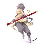  black_eyes black_hair bokken copyright_request covered_mouth fingerless_gloves gloves greaves male_focus pants pole satomi shirtless solo spiked_hair staff sword tattoo weapon white_background wooden_sword 